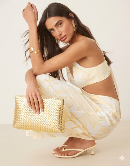 LUNESSA DESIGN weave zip top clutch bag in gold